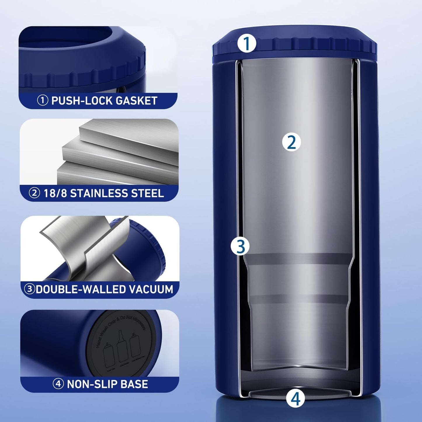 3 in 1 Slim Can Cooler for 12 OZ Skinny Can, Regular Can & Beer Bottle - Keep Cold for 6 Hours - Double Walled Insulated Stainless Steel Vacuum Beverage Can Insulator (Navy Blue)
