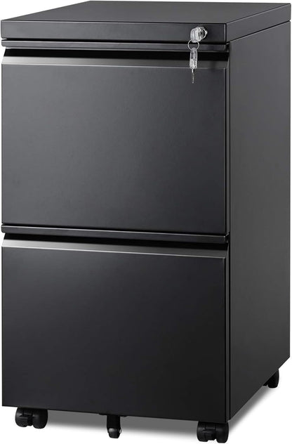 2 Drawer Metal File Cabinet, Fully Assembled, under Desk, Black, Lock, Fits Letter/Legal/A4 Size Files