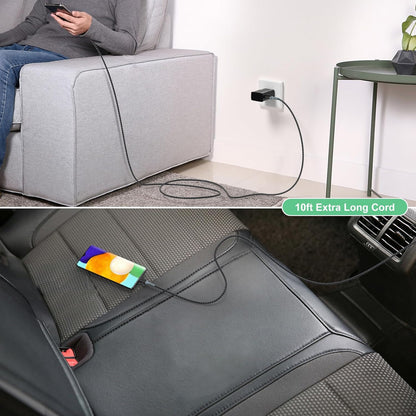 Adaptive Fast Charging Wall Charger with USB C Cable 10Ft,  USB Fast Charger Type C Charger Compatible for Galaxy S25 S24 S23 Ultra A15 A13 A03S A53 S22 S21 S20 S10 S9 Android Phone-2Pack,Black