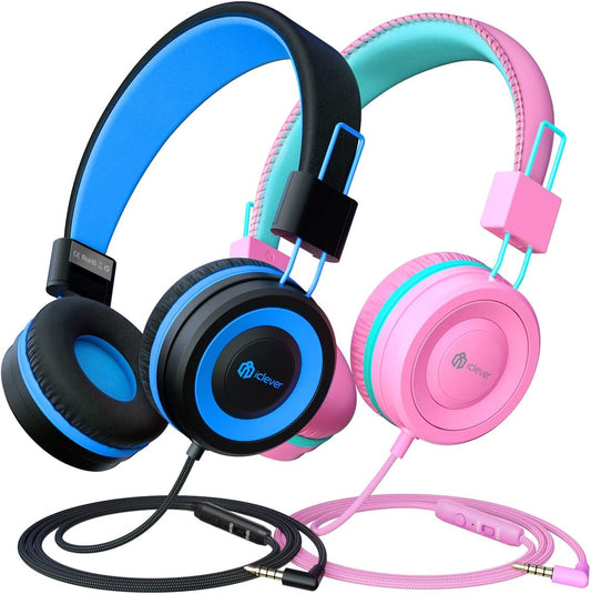 [Upgraded HS14 Kids Headphones with Microphone, 85/94Db Volume Limited, Foldable Wired Kids Headset for Boys/Girls/Tablet/Travel/School (Black&Pink)